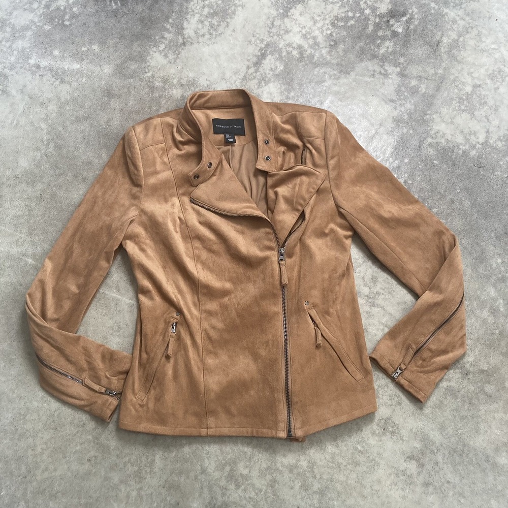 Adrienne Vittadini Jacket Womens Size Small Faux Suede Moto Zip Pockets Collar